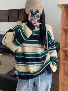 DAZY 條紋對比色休閒女款毛衣，秋季，七分袖上衣校園風 - 綠色 - 查看 8