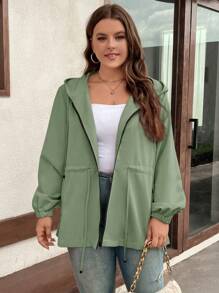 SHEIN LUNE Plus Size Casual Drawstring Waist Hooded Jacket For Autumn Christmas Women Clothes - Olive Green - View 5