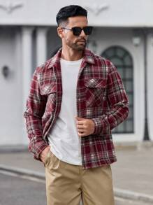 Manfinity VCAY Men's Slim Fit Plaid Print Collared Long Sleeve Flannel Shacket Suitable For Autumn