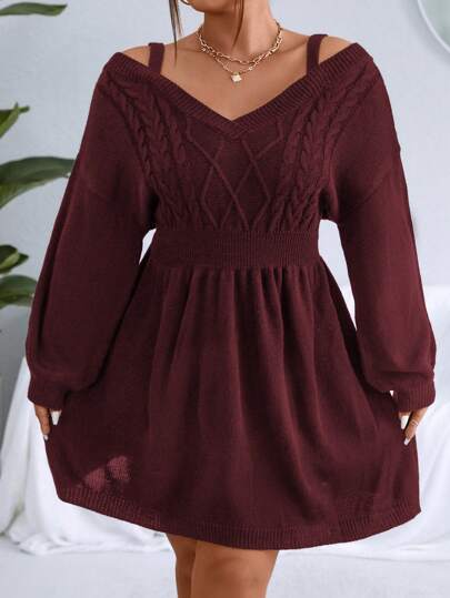 Celure Plus Size Women's Solid Color Lantern Sleeve Cinched Waist Short Casual Knit Sweater Dress, Autumn/Winter, For Thanksgiving Fall Cloth For Women