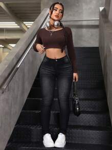 SHEIN Essnce Autumn Casual Water Washed Slant Pocket Skinny Denim Jeans - Black - View 1