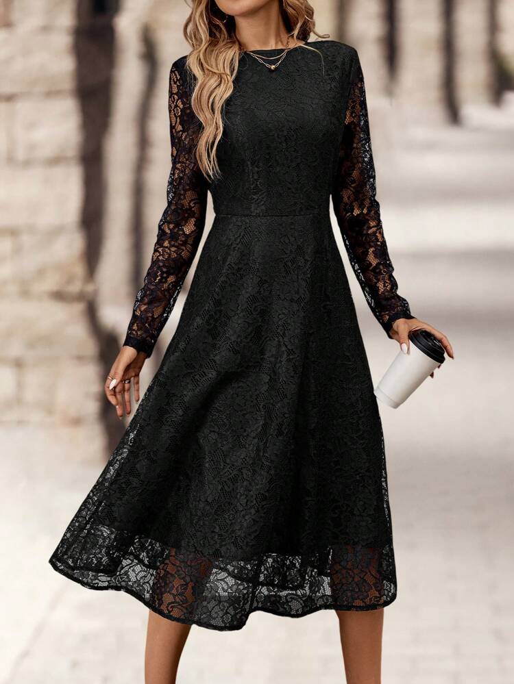Women Elegant Waisted A-Line Lace Dress, Autumn