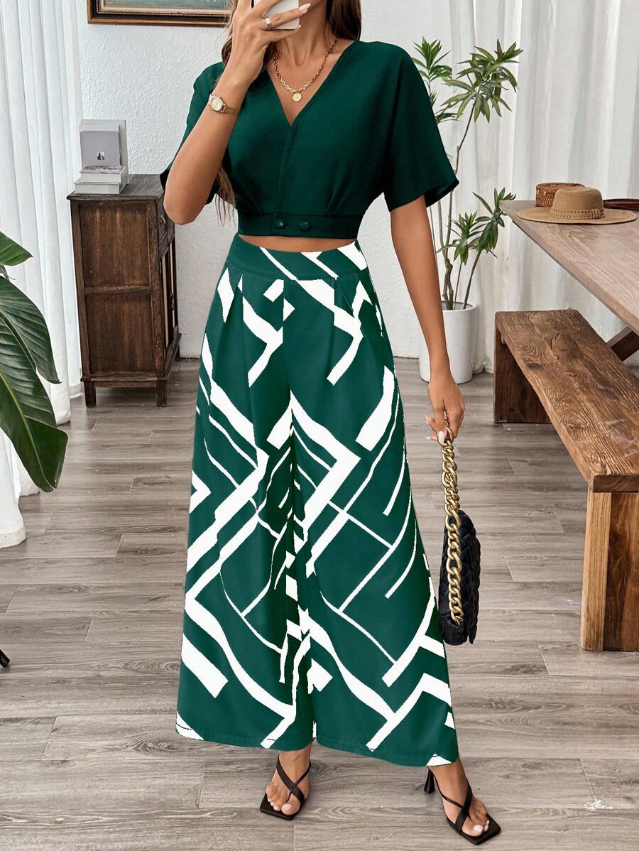 Chiquease 2pcs/Set Spring/Autumn Short Solid Cardigan Shirt And Plaid Print Pleated Straight Leg Casual Trousers - Green - View 1