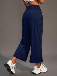 SHEIN Sports Women Solid Color Pocket Side Slit Hem Casual Fitness Sports Pants - Navy Blue - View 2