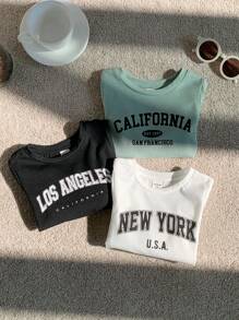 SHEIN Leap Crew Bộ 3 áo thun tay dài cổ tròn in chữ dáng rộng thoải mái cho bé trai, thích hợp mặc ngoài trời và trong nhà vào mùa thu đông - Nhiều màu - Xem 5