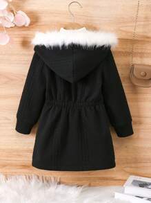 SHEIN 1pc Young Girl Patchwork Fluffy Hooded Jacket - Black - View 2
