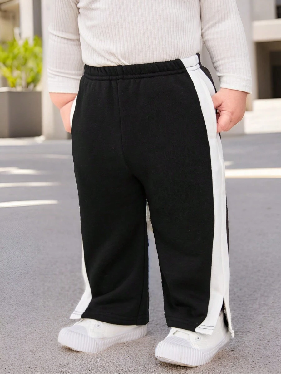 SHEIN Pantalones de pernera ancha con costura lateral y abertura lateral para bebé niño - Negro - Ver 1