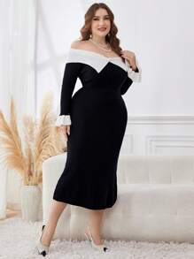 Modelyn Plus Size Color Block Off-Shoulder Elegant Long Sleeve Core-Spun Yarn Sweater Dress Fall Cloth For Women - Black - View 6