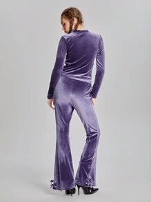 SHEIN 青少年女孩高腰弹力腰喇叭腿纯色裤子 - 淺灰紫 - 查看 2