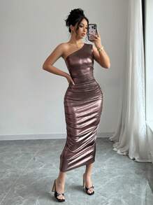 Elenzga Form-Fitting Asymmetrical Shoulder Ruched Shiny Dress Maxi Women Outfit - Coffee Brown - View 7