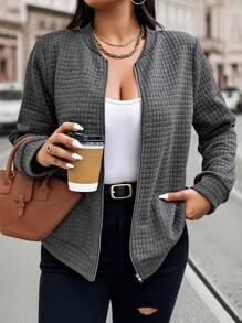 EMERY ROSE Plus Size Solid Color Front Zip Up Long Sleeve Minimalist Jacket, Casual Everyday Fall Winter Cloth For Women Autumn - Grey - View 6