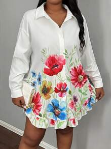 Slaydiva SHEIN Slayr Plus Size Women's Autumn White Ruffle Hem Floral Print Long Sleeve Shirt Dress - White - View 1