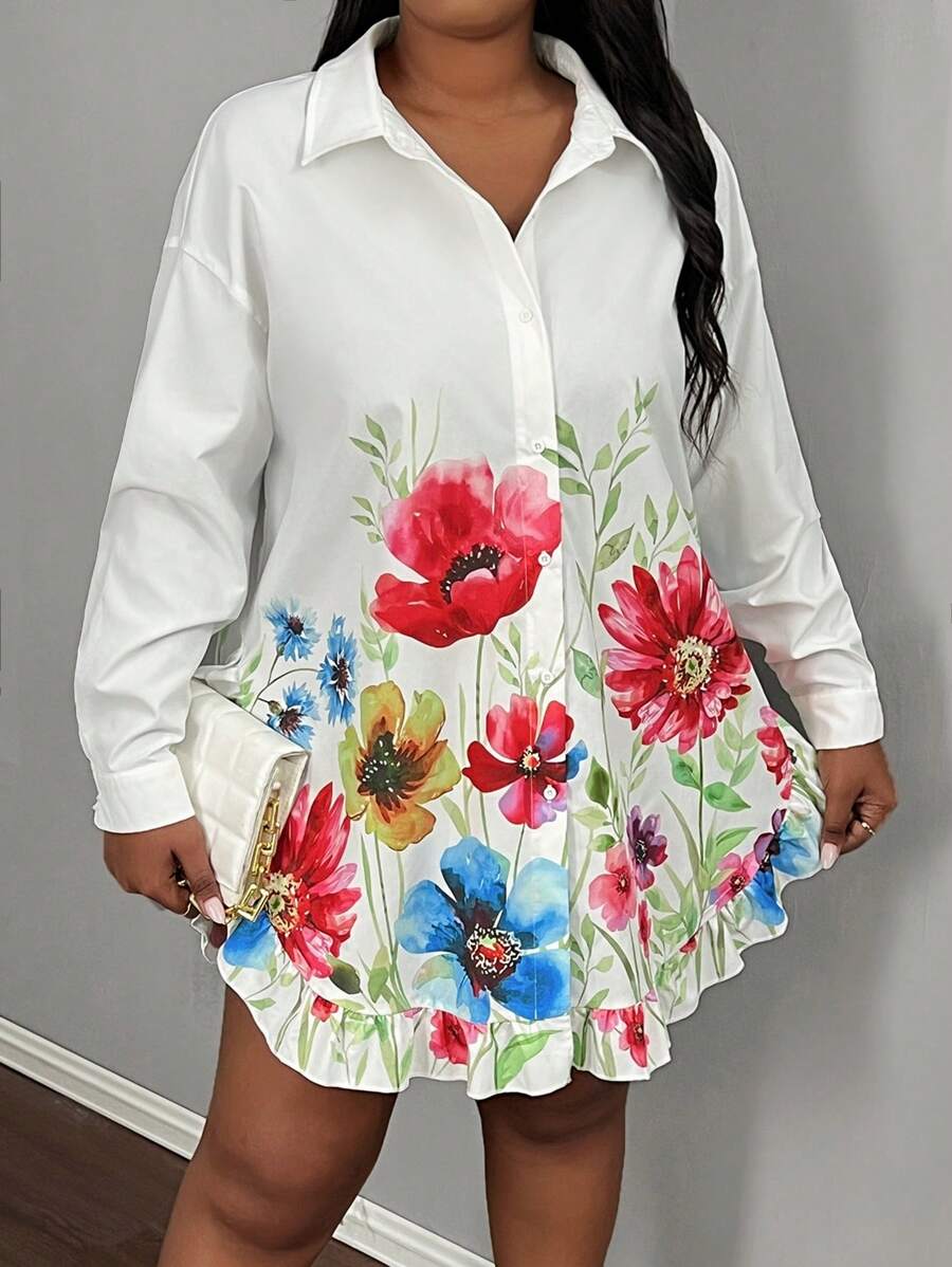 Slaydiva SHEIN Slayr Plus Size Women's Autumn White Ruffle Hem Floral Print Long Sleeve Shirt Dress - White - View 1