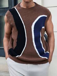 Manfinity Homme Men's Casual Colorblock Loose Round Neck Knitted Sweater Vest, Fall/Winter - Brown - View 1