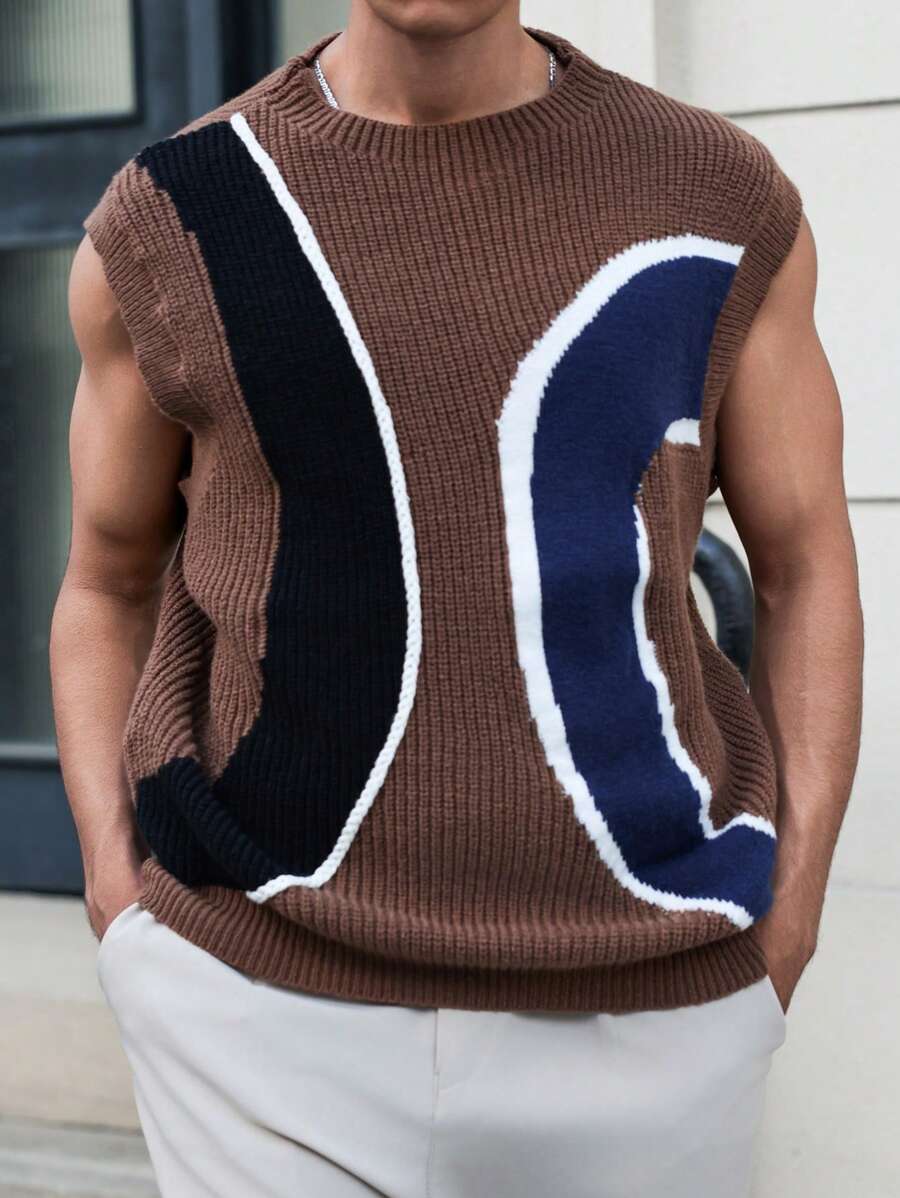 Manfinity Homme Men's Casual Colorblock Loose Round Neck Knitted Sweater Vest, Fall/Winter - Brown - View 1