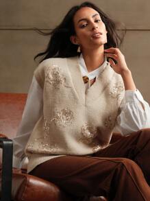 Anewsta Chaleco holgado de punto con cuello en V, con flores de rosas y perlas bordadas, para otoño e invierno