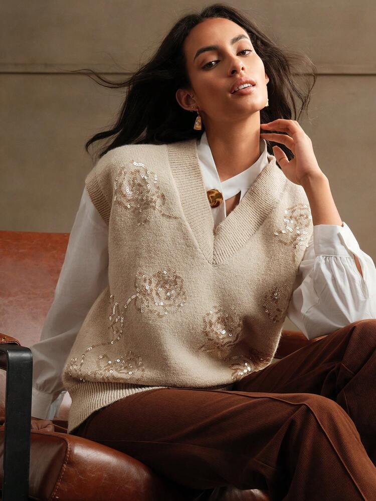 Autumn Winter Layered V-Neck Loose Knit Rose Flower Pearl Embellished Vest