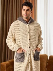 Pijama de chaqueta con capucha y pantalones de parche de color contrastante para hombres, invierno