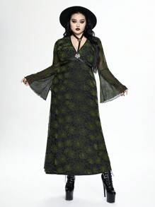 ROMWE Goth 大码女式性感哥特式蜘蛛网绒面喇叭袖 V 领高开衩连衣裙，万圣节服装 - 黑色 - 查看 1