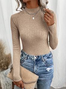 SHEIN Clasi Áo len chui đầu bó sát cổ đứng tay dài màu trơn cho nữ, mùa thu/đông, áo dài tay - Màu Khaki - Xem 6