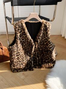 Comfortcana Plus Size Vintage Leopard Print Fluffy Coat - Brown - View 1