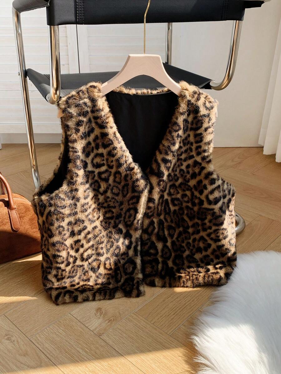 Comfortcana Plus Size Vintage Leopard Print Fluffy Coat - Brown - View 1