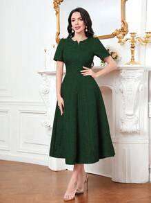 Modelyn Elegantes florales Jacquard Kleid mit Schalkragen, Taillengürtel und Kurzarm für Damen