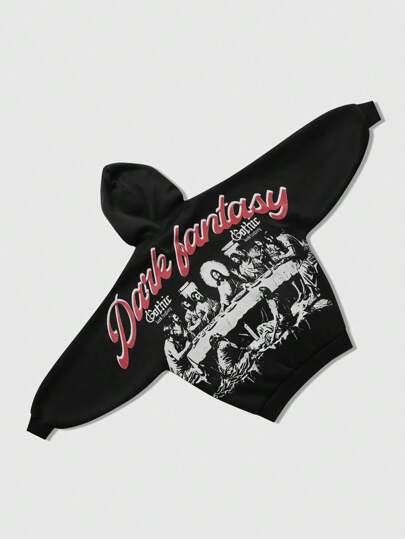 Street Life Men's Loose Slogan & Figure Print Vintage Style Zip-Up Hoodie, Spring Autumn