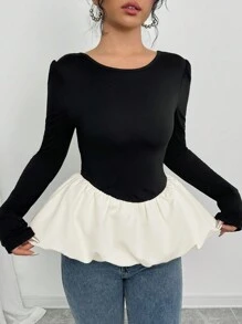 Chiquease Áo thun nữ cổ tròn dài tay màu tương phản viền bèo nhún cho mùa xuân và mùa thu - Đen và trắng - Xem 4