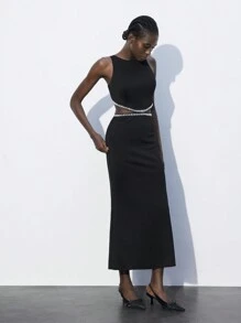 Maija 女士无袖优雅长裙，腰部饰有仿珍珠，侧面镂空，适合夏季、圣帕特里克节、复活节、春节、音乐节 - 黑色 - 查看 1