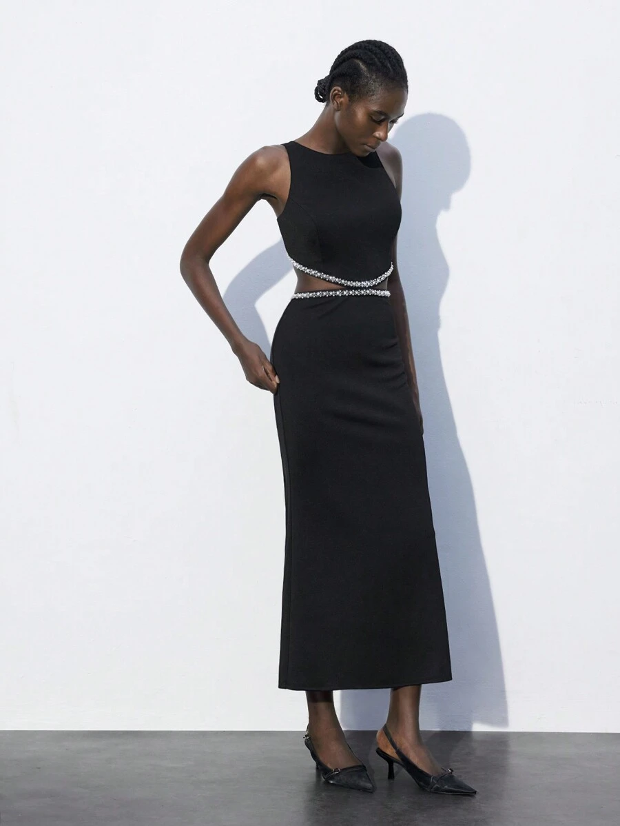 Maija 女士无袖优雅长裙，腰部饰有仿珍珠，侧面镂空，适合夏季、圣帕特里克节、复活节、春节、音乐节 - 黑色 - 查看 1