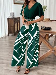 Chiquease 2pcs/Set Spring/Autumn Short Solid Cardigan Shirt And Plaid Print Pleated Straight Leg Casual Trousers - Green - View 4