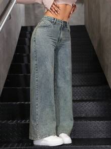 SHEIN ICON Casual Washed Straight-Leg Denim Jeans Y2k - Dark Wash - View 4