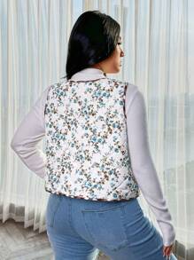 SHEIN Privé Veste matelassée thermique à imprimé floral avec nœud papillon, style académique vintage élégant pour grande taille, style retour à l'école