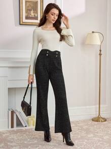 Vintamour Retro Elegant Daily Flare Pants, Black Metallic Embellished Flared Trousers Hollowed Costumes Thanksgiving Fall Winter Pants Concert - Black - View 4