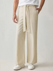 Manfinity VCAY 男式梭织休闲宽松纯色系带正装长裤 - 卡其色 - 查看 1