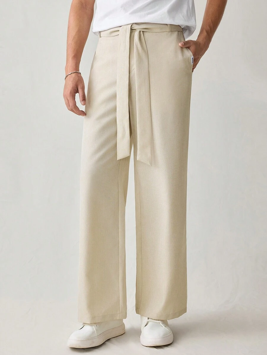 Manfinity VCAY 男式梭织休闲宽松纯色系带正装长裤 - 卡其色 - 查看 1