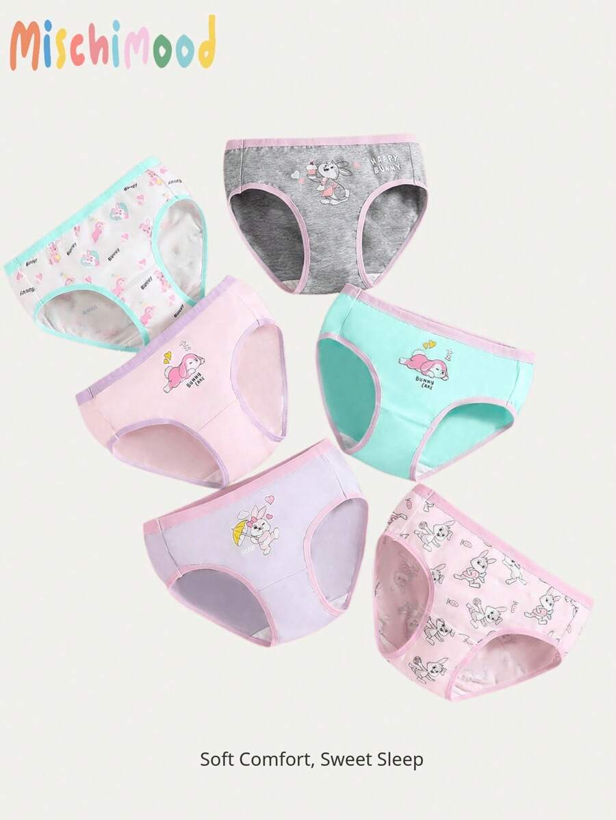 6pcs/Set Young Girl Cute Rabbit Printed Organic Cotton Underwear
