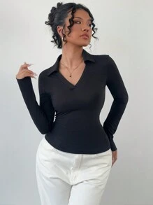 Chiquease 复古性感 V 领弹力修身 Polo 衫，别致长袖 T 恤，带有随机花卉印花