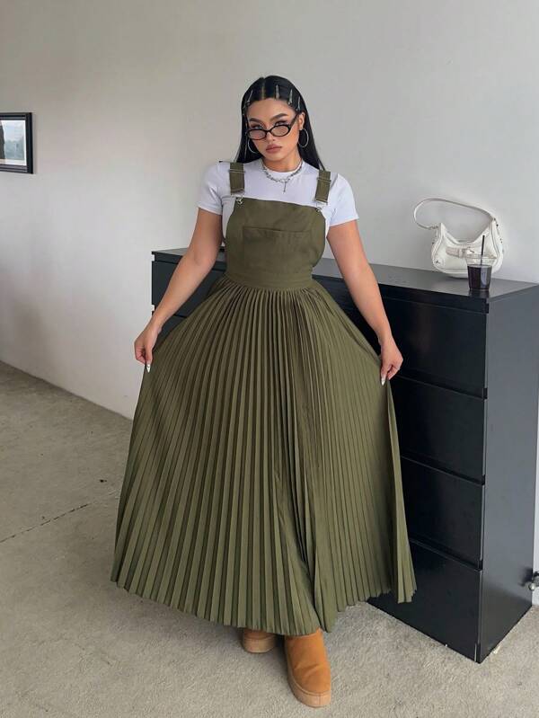 POPSWAY Rochie cu bretele plisate, culoare uni, plus marimi, pentru femei, design lejer, cu buzunare, stil coreean, vara si toamna, tinuta maxi pentru femei