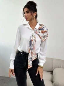 SHEIN Privé Women's Silk Scarf Print Decorative Tie Elegant Slim Fit White Blouse