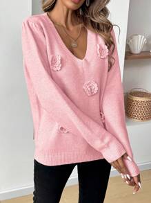 Chiquease Casual V-Neck Pullover Sweater For Women Knit Pullover Fall Winter - Pink - View 7
