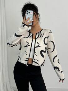 Chiquease 女式休闲满版印花前开衫夹克，秋季