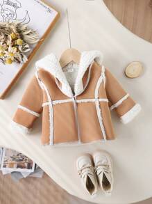 SHEIN 女婴复古优雅蓬松外套，秋冬 - 棕色 - 查看 3