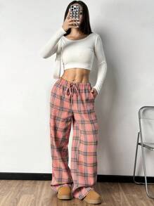 SHEIN EZwear 休闲抽绳腰格子阔腿裤，秋季 - 彩色 - 查看 3