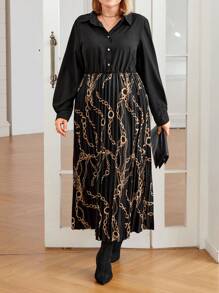 Plus Size Elegant Chain Printed Lantern Sleeve Pleated Hem Dress
