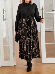 Plus Size Elegant Chain Printed Lantern Sleeve Pleated Hem Dress