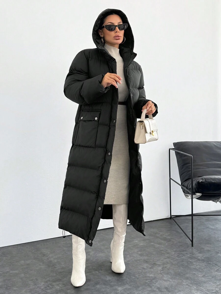 EURMUSE Unique Design Quilted Metallic Lined Hooded Drawstring Hem Puffer Long Winter Coat - Black - View 1