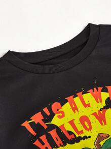 SHEIN Unity 万圣节休闲南瓜印花圆领长袖套头卫衣 - 黑色 - 查看 3