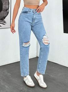 SHEIN Cottnline 100% Cotton Snow Washed Ripped Slant Pocket Mom Fit Jeans - Light Wash - View 1